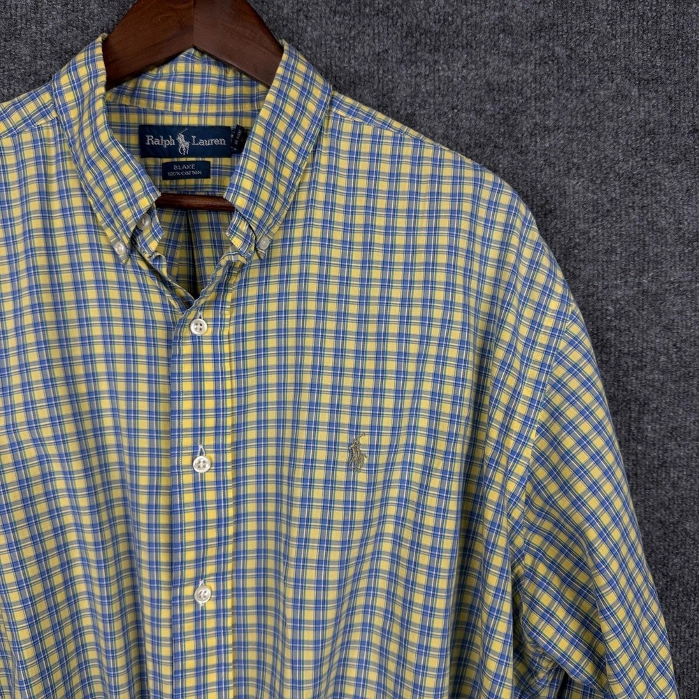 Vintage 90s Ralph Lauren Blake Shirt Mens XL Yellow Blue Plaid Short Sleeve - Picture 3 of 9